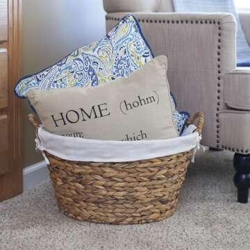 Household Essentials ML-6667N Round Wicker Laundry Basket Hamper with Liner, Natural Water Hyacinth ...
