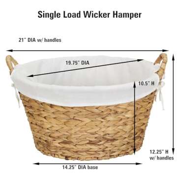 Household Essentials ML-6667N Round Wicker Laundry Basket Hamper with Liner, Natural Water Hyacinth Large