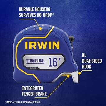 Irwin Tools IRWIN Strait-LINE Tape Measure, 16 ft, Includes Retraction Control, for All Your Measuring Needs (IWHT39391S)