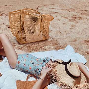 KALIDI Mesh Beach Tote Bag Women Shoulder Hobo Handbag 23L Large Grocery Tote Bag Casual Shopping Bag Vacation Travel Pool