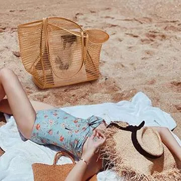 KALIDI Mesh Beach Tote Bag Women Shoulder Hobo Handbag 23L Large Grocery Tote Bag Casual Shopping Bag Vacation Travel Pool