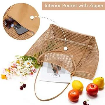 KALIDI Mesh Beach Tote Bag Women Shoulder Hobo Handbag 23L Large Grocery Tote Bag Casual Shopping Bag Vacation Travel Pool