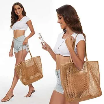 KALIDI Mesh Beach Tote Bag Women Shoulder Hobo Handbag 23L Large Grocery Tote Bag Casual Shopping Bag Vacation Travel Pool