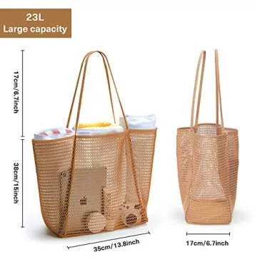 KALIDI Mesh Beach Tote Bag Women Shoulder Hobo Handbag 23L Large Grocery Tote Bag Casual Shopping Bag Vacation Travel Pool