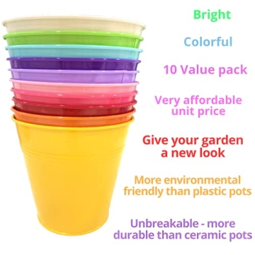 LaLaGreen Hanging Planters Outdoor -10 Pack, 6 Inch Colorful Large Metal Flower Pot, Balcony Planters Railing Hanging Herb Garden Iron Hanging Plant Buckets for Fence Rail Deck Porch Outside Wall