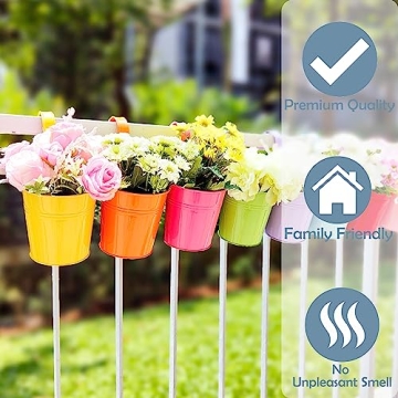 LaLaGreen Hanging Planters Outdoor -10 Pack, 6 Inch Colorful Large Metal Flower Pot, Balcony Planters Railing Hanging Herb Garden Iron Hanging Plant Buckets for Fence Rail Deck Porch Outside Wall