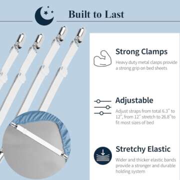 Bed Sheet Straps, Sopito Adjustable Elastic Fitted Sheet Straps Fasteners Non Slip Mattress Clips to Keep Sheets On for Crib to King Size Bed, White 4Pcs