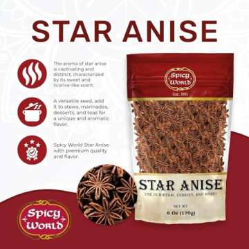Spicy World Star Anise Whole Pods 6 Oz Bag -Premium Quality, Vegan, All Natural, Dried, Great for Ba...