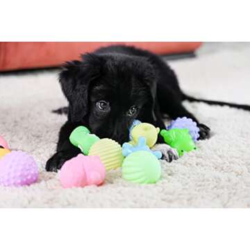 Tamu style Puppy Chew Toys for Teething, 6 Pack, Soft Colorful Vinyl, Fun Ball Shapes, Mentally Stimulating Shapes and Audible Squeaker, Promotes Active, Healthy Play and Even Float in Water