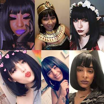 Rosa Star Short Bob Wig with Bangs Straight Synthetic Hair Wigs for Women (Black)