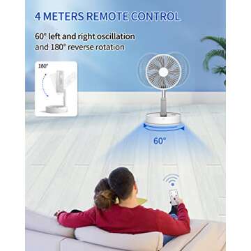 Oscillating Fan with Remote Control, 7200mAh Rechargeable Battery Operated Travel Fan for Camping, 4 Speed, Timer, Height Adjustment Portable Foldable Fan for Travel , Outdoor, Home (White)
