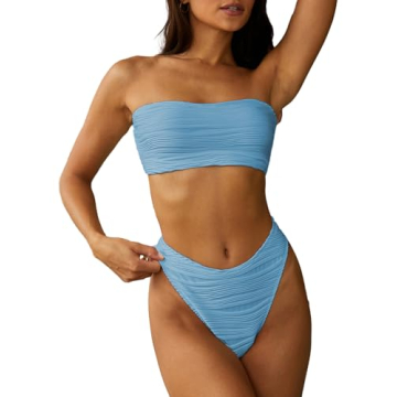 ZAFUL Women Strapless Textured Bandeau Bikini 2 Piece Swimwear Cheeky Solid Lace up Bathing Suits(1-...
