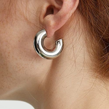 HESSAWELL Silver Chunky Hoop Earrings Women Hypoallergenic