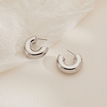 HESSAWELL Silver Chunky Hoop Earrings Women Hypoallergenic