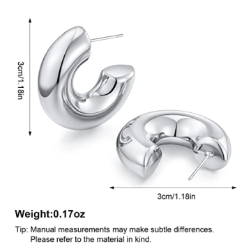 HESSAWELL Silver Chunky Hoop Earrings Women Hypoallergenic