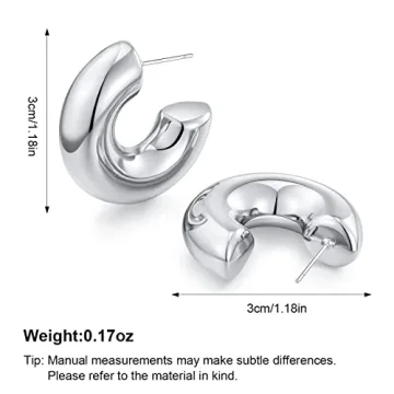 HESSAWELL Silver Chunky Hoop Earrings Women Hypoallergenic