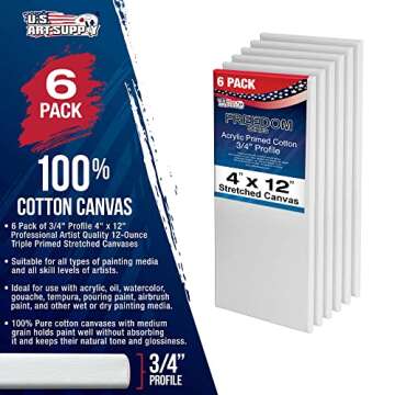 U.S. Art Supply 4 x 12 inch Stretched Canvas 12-Ounce Primed 6-Pack - Professional White Blank 3/4" ...