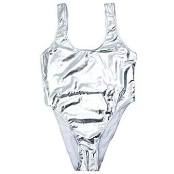 Women’s Rainbow Striped Metallic One Piece Swimsuit Sexy Backless High Cut Bathing Suit Rave Festival Outfit