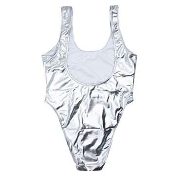 Women’s Rainbow Striped Metallic One Piece Swimsuit Sexy Backless High Cut Bathing Suit Rave Festival Outfit