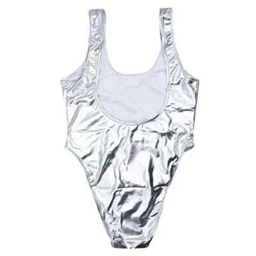 Women’s Rainbow Striped Metallic One Piece Swimsuit Sexy Backless High Cut Bathing Suit Rave Festival Outfit