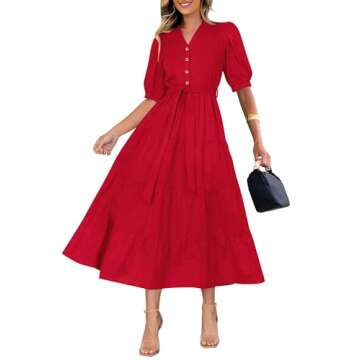 PRETTYGARDEN Women's Summer Midi Dress 2025 Casual Short Sleeve V Neck Buttons Belted Ruffle A Line ...