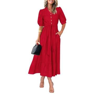 PRETTYGARDEN Women's Summer Midi Dress 2025 Casual Short Sleeve V Neck Buttons Belted Ruffle A Line Flowy Dress with Pockets (Red,Medium)