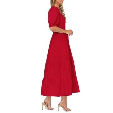 PRETTYGARDEN Women's Summer Midi Dress 2025 Casual Short Sleeve V Neck Buttons Belted Ruffle A Line Flowy Dress with Pockets (Red,Medium)