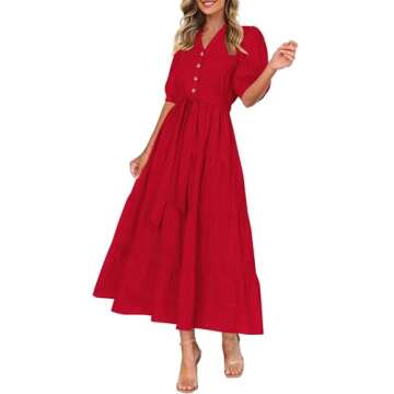 PRETTYGARDEN Women's Summer Midi Dress 2025 Casual Short Sleeve V Neck Buttons Belted Ruffle A Line Flowy Dress with Pockets (Red,Medium)