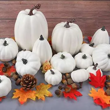FUNARTY 16pcs Artificial White Pumpkin Set for Fall
