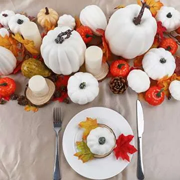 FUNARTY 16pcs Artificial White Pumpkin Set for Fall