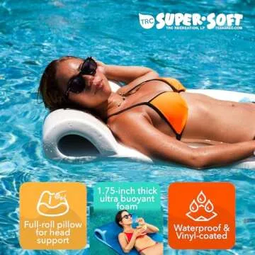 TRC Recreation Sunsation 1.75” Thick Vinyl Coated Foam Swimming Pool Float Mat Adult Lounger with Built-In Roll Pillow, White