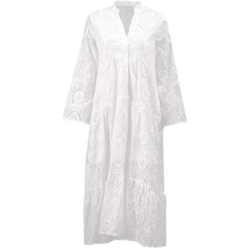 ThCreasa Womens V Neck Eyelet Embroidery Maxi Dresses Lace 3/4 Trumpet Sleeve Button Hollow Tiered Swing Long Dress White XS