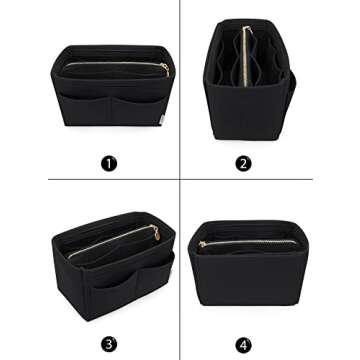 LEXSION Felt Purse Bag Organizer Insert with zipper Bag Tote Shaper Fit Speedy Neverful PM MM 8021 Black M