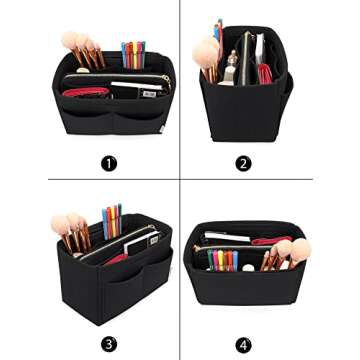 LEXSION Felt Purse Bag Organizer Insert with zipper Bag Tote Shaper Fit Speedy Neverful PM MM 8021 Black M