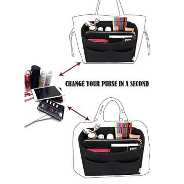 LEXSION Felt Purse Bag Organizer Insert with zipper Bag Tote Shaper Fit Speedy Neverful PM MM 8021 Black M