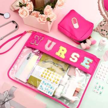 Hillban 2 Pcs Nurse Christmas Chenille Letter Bag Gifts Nurse Makeup Cosmetic Bag Nurse Appreciation Gift for Women Clear Toiletry Pouch Waterproof Travel Purse Portable Survival Kit Storage Organizer