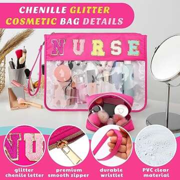 Hillban 2 Pcs Nurse Christmas Chenille Letter Bag Gifts Nurse Makeup Cosmetic Bag Nurse Appreciation Gift for Women Clear Toiletry Pouch Waterproof Travel Purse Portable Survival Kit Storage Organizer