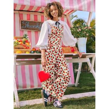 CIDER Women's Woven Strawberry Print Wide Leg Jumpsuit: Beige, X-Small