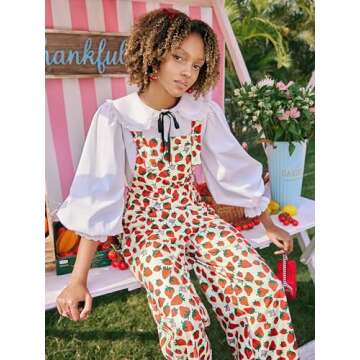 CIDER Women's Woven Strawberry Print Wide Leg Jumpsuit: Beige, X-Small