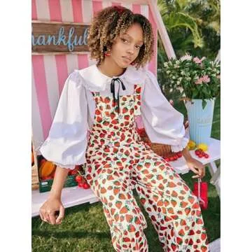 CIDER Women's Woven Strawberry Print Wide Leg Jumpsuit: Beige, X-Small