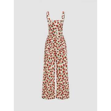 CIDER Women's Woven Strawberry Print Wide Leg Jumpsuit: Beige, X-Small