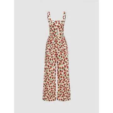 CIDER Women's Woven Strawberry Print Wide Leg Jumpsuit: Beige, X-Small