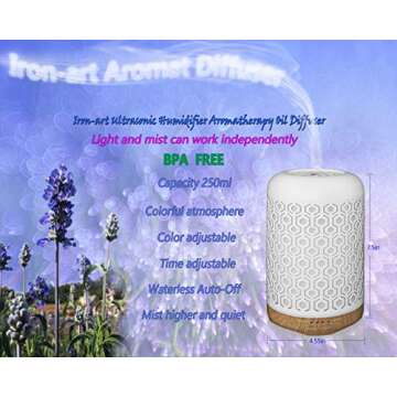 KMRIPYU Essential Oil Diffuser,250ml Iron-Art Ultrasonic Humidifier Aromatherapy Oil Diffuser with 4 Timer Mode & 7 Color Changing LED Lights, BPA-Free Waterless Auto-Off for Home, Office and Yoga