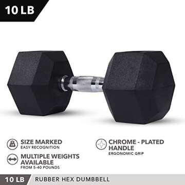 Day 1 Fitness Rubber Hex Dumbbell Shaped Heads to Prevent Rolling and Injury - Ergonomic Hand Weights for Exercise, Therapy, Building Muscle, Strength and Weight Training - 10 lb Single