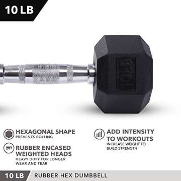 Day 1 Fitness Rubber Hex Dumbbell Shaped Heads to Prevent Rolling and Injury - Ergonomic Hand Weights for Exercise, Therapy, Building Muscle, Strength and Weight Training - 10 lb Single