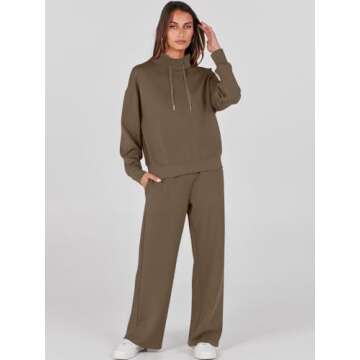 ANRABESS Womens 2 Piece Outfits Sweatsuit Set 2024 Fall Drawstring Sweatshirt Wide Leg Sweatpant Lounge Set Tracksuit Brown Small