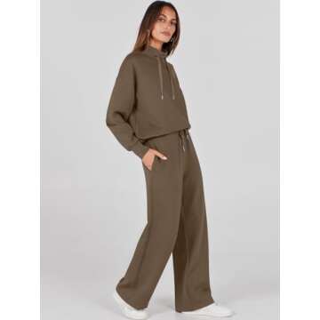 ANRABESS Womens 2 Piece Outfits Sweatsuit Set 2024 Fall Drawstring Sweatshirt Wide Leg Sweatpant Lounge Set Tracksuit Brown Small