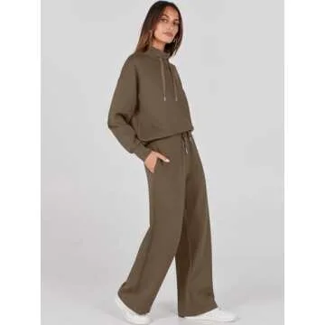 ANRABESS Womens 2 Piece Outfits Sweatsuit Set 2024 Fall Drawstring Sweatshirt Wide Leg Sweatpant Lounge Set Tracksuit Brown Small