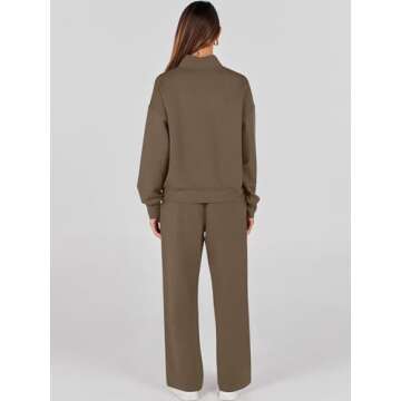 ANRABESS Womens 2 Piece Outfits Sweatsuit Set 2024 Fall Drawstring Sweatshirt Wide Leg Sweatpant Lounge Set Tracksuit Brown Small