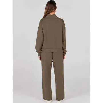 ANRABESS Womens 2 Piece Outfits Sweatsuit Set 2024 Fall Drawstring Sweatshirt Wide Leg Sweatpant Lounge Set Tracksuit Brown Small